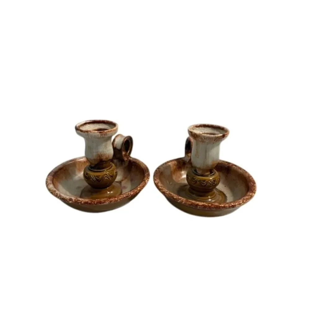Vtg Dryden Original Pottery Pair of Candlesticks Brown Tan 3.75